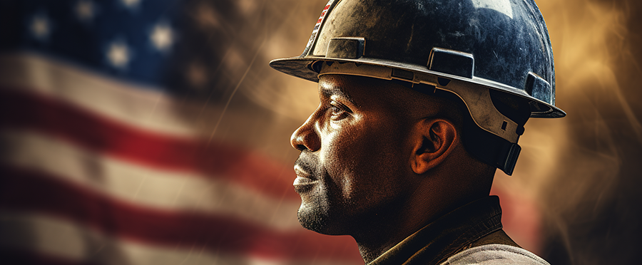 A man wearing a hard hat facing sideways with an American flag in the background
